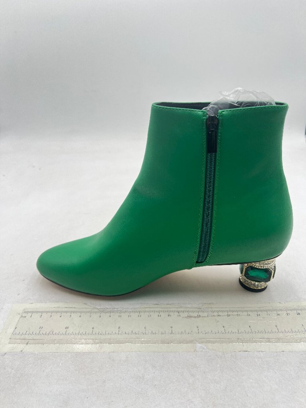 Green Round Toe Crystal Block Low Heel Ankle Boots Fashion Side Zipper Shoes